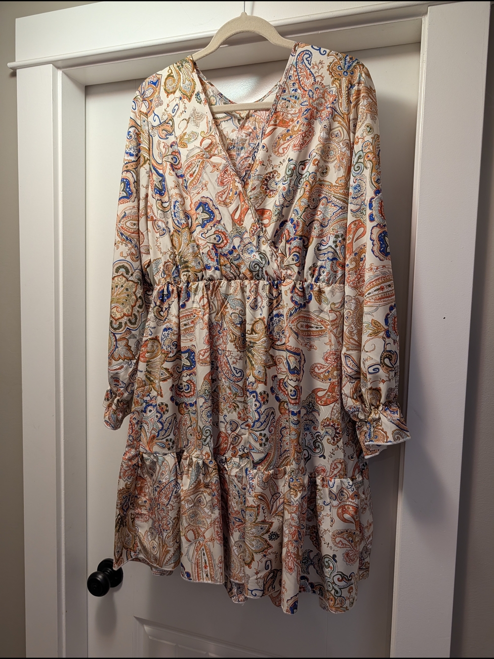 Paisley Print Cream Long Sleeve Tiered Dress